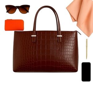 Knomo London Faux Croc Burgundy Laptop Tote Bag 18 x 12 x 6 Structured Chic GUC